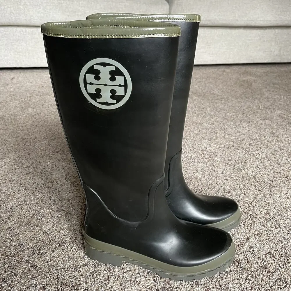 TORY BURCH Women's Rubber Work Boots Equestrian Tall Rain Sz 7 Black/Gray/Green